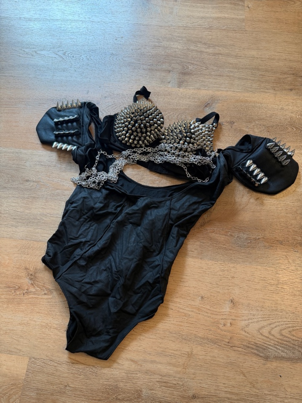 Black Spiked Studded One-Piece Bodysuit with Chain Detail